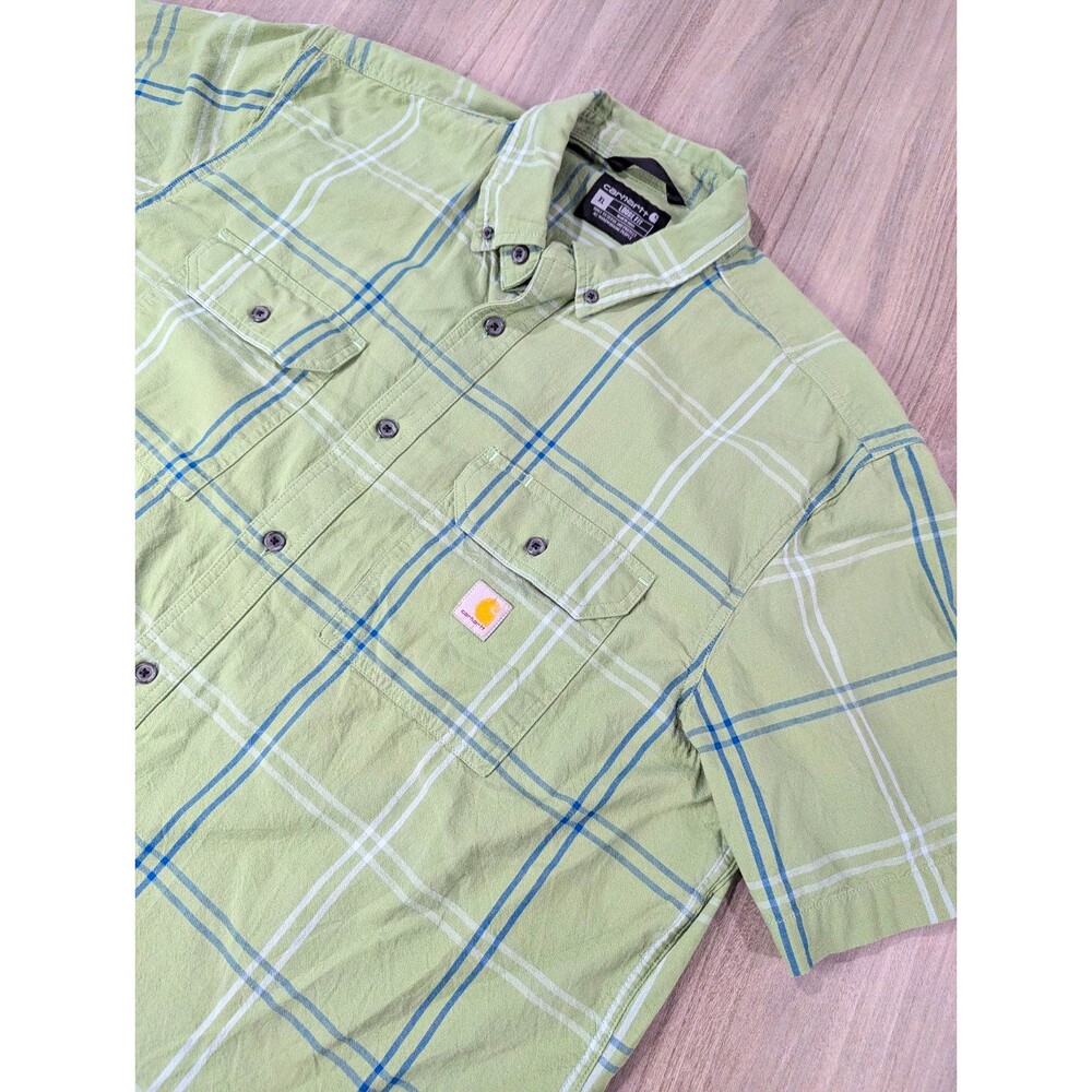 Carhartt Men's Loose Fit Plaid Short Sleeve Button-Down Shirt Green XL